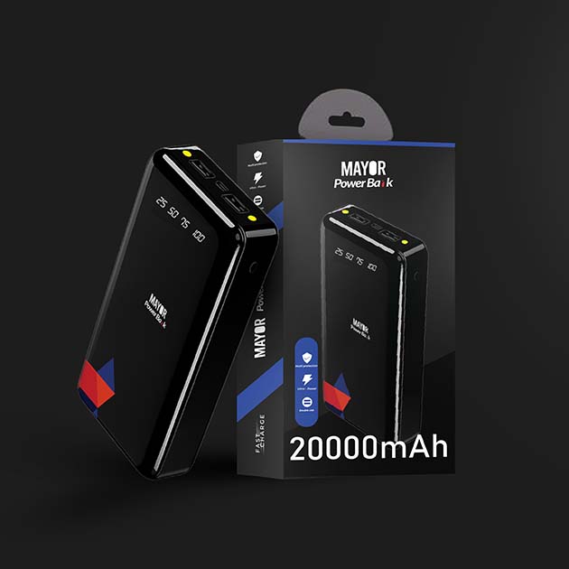 Mayor Impact Spark Power Bank, 20000mAh portable charger, fast charging power bank, compact power bank with flashlight